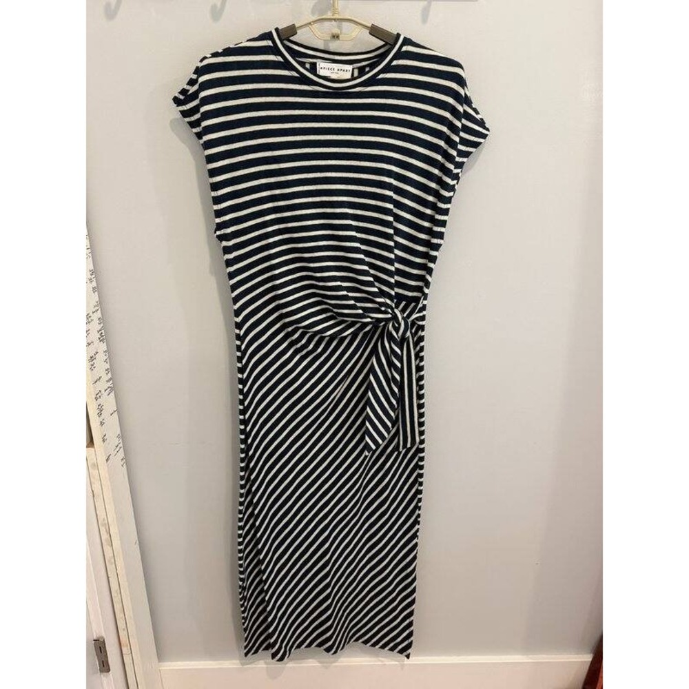 Apiece Apart Vanina Cinched Waist Dress Organic Cotton Long Navy Stripe M